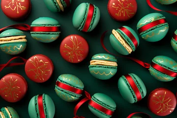 Fototapeten Christmas macarons pattern in traditional holiday colors, red, green and gold. © World of AI