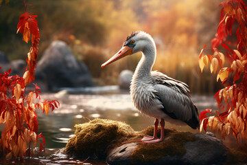 White Stork with nature background style with autum
