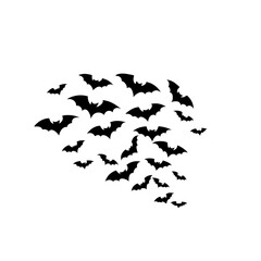 Cave black bats group, vector Halloween background. Flying fox night creatures illustration. Silhouettes of flying bats traditional Halloween symbols.