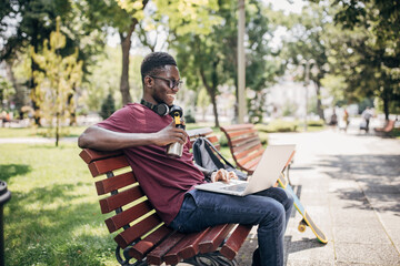 Young man sitting in the park and using laptop