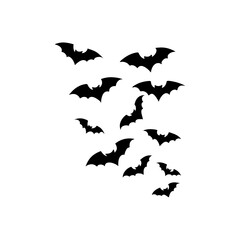 Cave black bats group, vector Halloween background. Flying fox night creatures illustration. Silhouettes of flying bats traditional Halloween symbols.