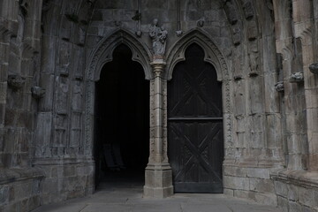 Gothic church of Tréguier, France. Facade detail. Late afternoon.