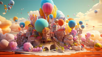 Keuken foto achterwand Colorful 3D wallpapers illustrating a surreal dream world, with gravity-defying architecture, levitating objects, and surreal landscapes that challenge the laws of physics, Illustration, digital art © Matric7