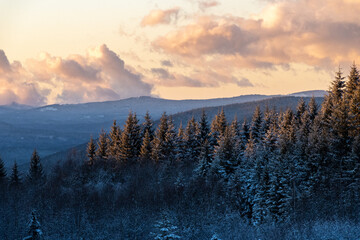 Golden hour with winter view on Sumava mountains