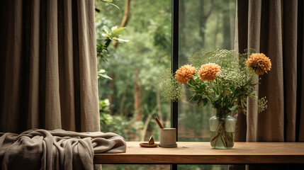 Nature's Embrace: Earth-Toned Linen Curtains Framing a Window with a View of a Lush Garden 