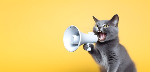 Cat announcing using hand speaker. Notifying, warning, announcement