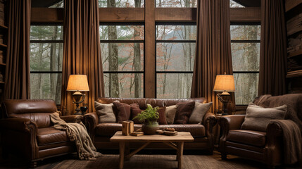 Obraz premium Rustic Retreat: Burlap Curtains Hanging in a Cozy Cabin, Adding a Rustic Touch to the Interiors 