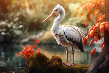 White Stork with nature background style with autum