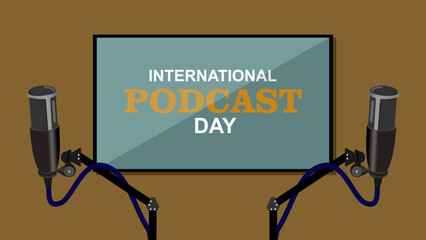 Illustration of podcast tools like pole, microphone. in bold text on television screens to mark International Podcast Day on September 30