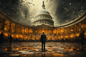 illustration of man and the Capitol in Washington D.C., USA and corrupt money - 633646412