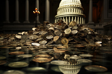 illustration with the capitol in Washington D.C., USA and corrupt money - 633646413