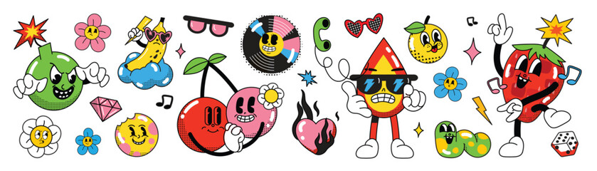 Set of 70s groovy element vector. Collection of cartoon characters, doodle smile face, bomb, banana, blood, strawberry, halftone texture. Cute retro groovy hippie design for decorative, sticker.