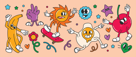 Set of 70s groovy element vector. Collection of cartoon characters, doodle smile face, banana, egg, sun, skateboard, cherry, star. Cute retro groovy hippie design for decorative, sticker.