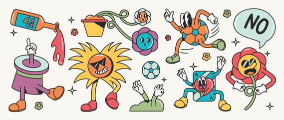 Set of 70s groovy element vector. Collection of cartoon characters, doodle smile face, bottle, vase, flower, ball, sun, cloud, speech bubble. Cute retro groovy hippie design for decorative, sticker.