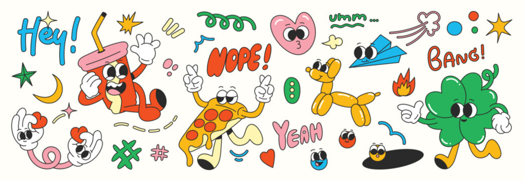 Set of 70s groovy element vector. Collection of cartoon characters, doodle smile face, pizza, balloon, heart, cup, rocket, leaf, star, moon. Cute retro groovy hippie design for decorative, sticker.