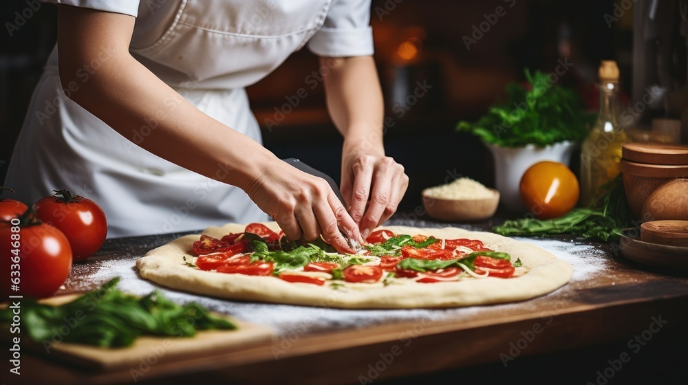 Wall mural woman is cooking italian pizza