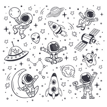 set of cosmos in doodle style: astronaut, planets, stars, rocket and aliens, monster, ufo for design. Vector illustration 