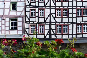 Half timbered (timber frame) houses in the village of Monschau, Eifel, Germany - picturesque...