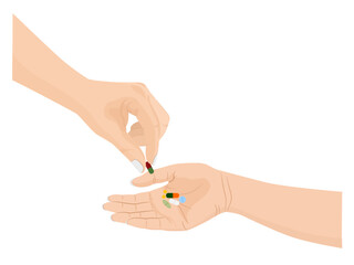 Hand taking pills on white background.
