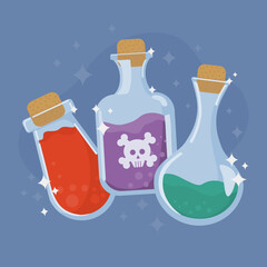 Set of magic potion in glass bottles. Liquid poison illustration. Flat design. Halloween element. Chemical objects.
