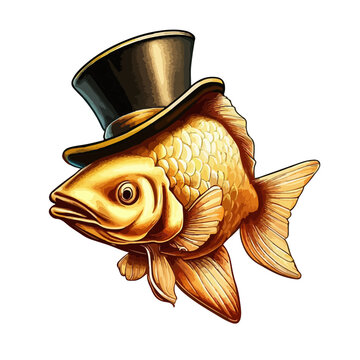 recommend clip art: goldfish wearing a vintage top hat illustration