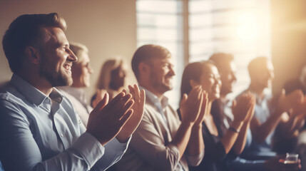 Conference, team of coworkers clapping hands for success of presentation  Support, achievement and diverse group of people applauding together in business meeting. 