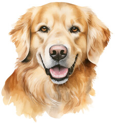 Watercolour illustration portrait of a happy golden retriever dog, animal clipart isolated on a white background as transparent PNG