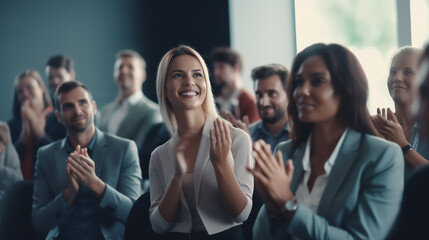 Conference, team of coworkers clapping hands for success of presentation  Support, achievement and diverse group of people applauding together in business meeting. 