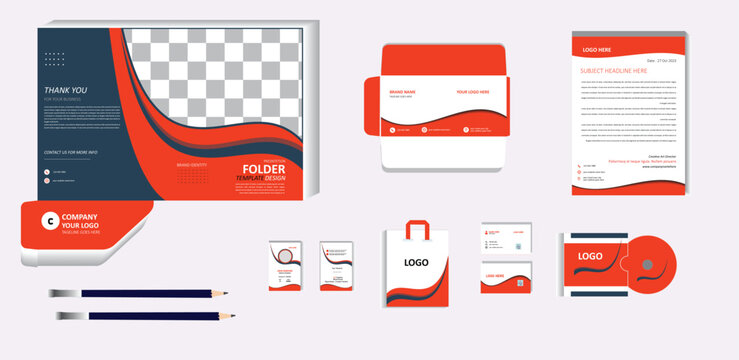 Brand Identity Mock-Up of stationery set with red black and white abstract geometric design. Business office stationary mockup template of File folder, Envelope, Leterhead, ID card, Business card etc.