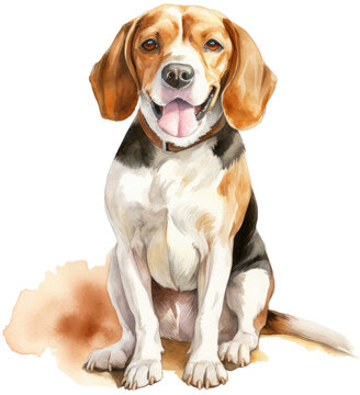 Watercolour Illustration Of A Sitting Happy Beagle Dog, Animal Clipart Isolated On A White Background As Transparent PNG