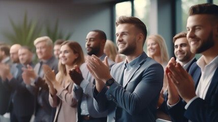 Conference, team of coworkers clapping hands for success of presentation  Support, achievement and diverse group of people applauding together in business meeting. 