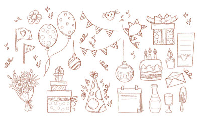 Fototapeta premium Collection Happy Birthday and Christmas holiday doodles. Hand drawn outline party decoration, gift box, bouquet, balloons and garland. Vector illustration isolated party sketch on white background