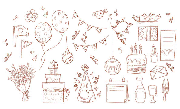 Collection Happy Birthday and Christmas holiday doodles. Hand drawn outline party decoration, gift box, bouquet, balloons and garland. Vector illustration isolated party sketch on white background
