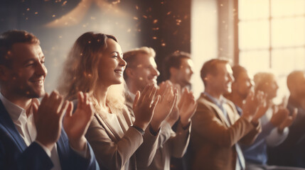 Obraz premium Conference, team of coworkers clapping hands for success of presentation Support, achievement and diverse group of people applauding together in business meeting. 