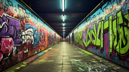 graffiti on the wall in a tunnel