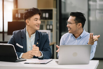 Male Operations Manager Holds Meeting Presentation for analysis graph company financial. People Work in Business Office.
