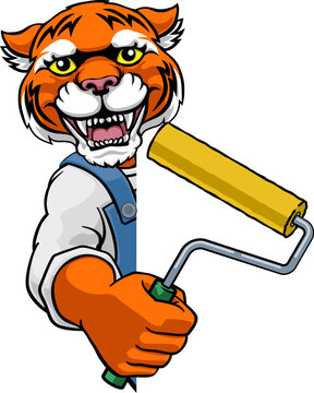A tiger painter decorator handyman cartoon construction man mascot character holding a paint roller tool