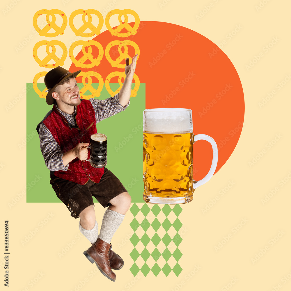 Wall mural Smiling, cheerful man in vacarian style clothes drinking beer and cheering everyone with beer fest. Contemporary art. Concept of Oktoberfest, holiday, traditional festival, alcohol drink. Poster, ad