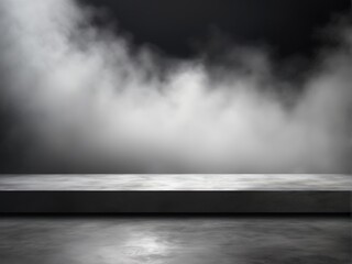 Dark room or stage with concrete floor background for product placement. Panoramic view of the abstract fog.