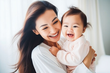 Happy cheerful ethnic mother holding her child. Happy mom holding laughing baby daughter.