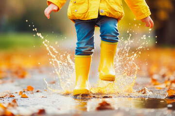 Feet of child in yellow rubber boots jumping over puddles in rain. Happy child.