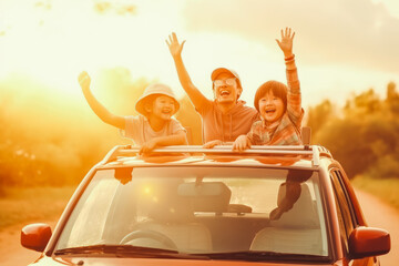 Obraz premium Family happy traveling enjoy vacation with car travel.