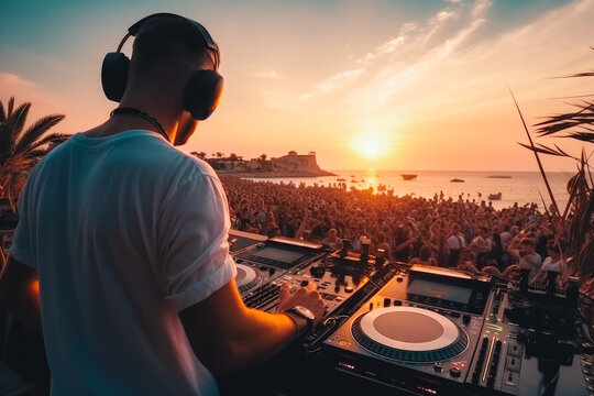 DJ mixing and playing music outdoor at festival with crowd dancing.