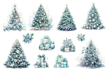 water color cute Pastel Blues, Teal, Silver, and White Christmas trees present gift boxes and holly berries vector