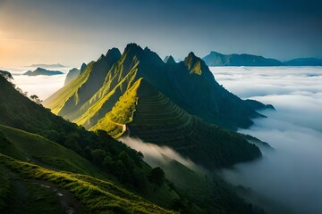 mountains in the fog generated by AI technology