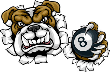 A bulldog dog angry mean pool billiards mascot cartoon character holding a black 8 ball.