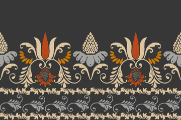 Ikat floral paisley embroidery on black background.Ikat ethnic oriental pattern traditional.Aztec style abstract vector illustration.Seamless pattern in tribal, folk embroidery, and Mexican style. 