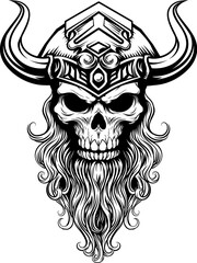 A Viking skull skeleton warrior or barbarian gladiator man mascot face looking strong wearing a helmet. In a retro vintage woodcut style.