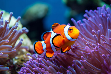 Beautiful clownfish and blue cichlid swimming