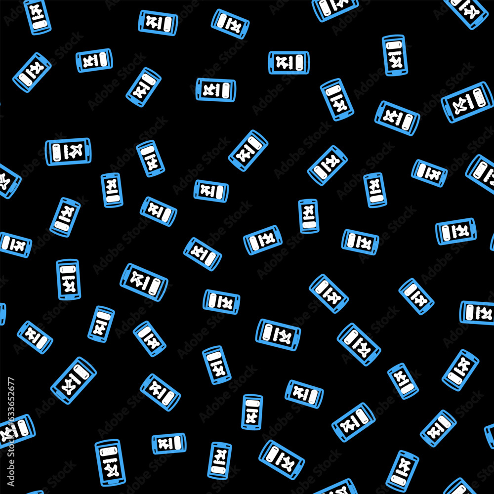 Poster line smartphone with electronic boarding pass airline ticket icon isolated seamless pattern on black